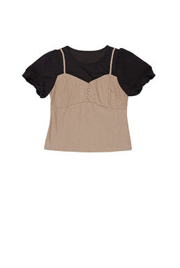 One Piece Puff Sleeve Crinkled Pit Stripe Top (Brown)
